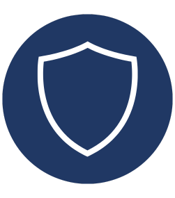 Decorative blue circle with shield icon. Click to be taken to login assistance.